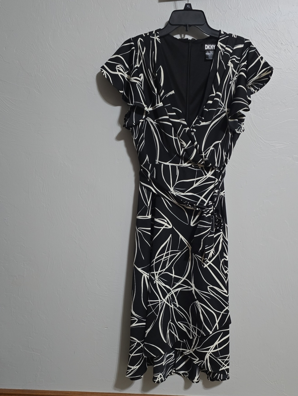 DKNY Black and White Abstract Wrap-Style Midi Dress